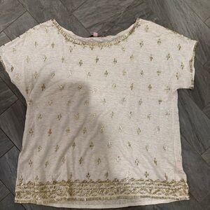 Calypso St. Barth Caprina Gold and White Top with Metallic Embellishments